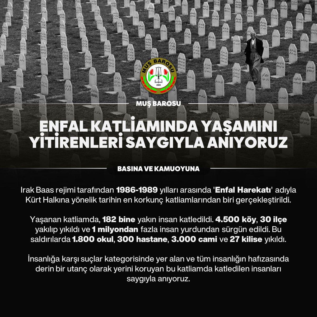 Enfal katliamında yaşamını yitirenleri saygıyla anıyoruz.