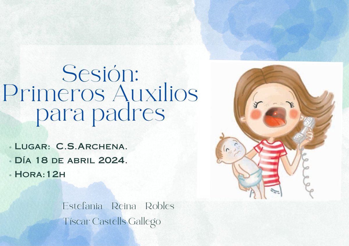 Este jueves nuestras enfermeras Estefanía y Tiscar dan una sesión formativa en primeros auxilios para padres, nos enseñarán cómo actuar con nuestros peques ante accidentes cotidianos. ¡Anímaos a participar! Os esperamos a las 12.00 h en sala de usos múltiples de <a href="/SArchena/">C.S. ARCHENA</a>.