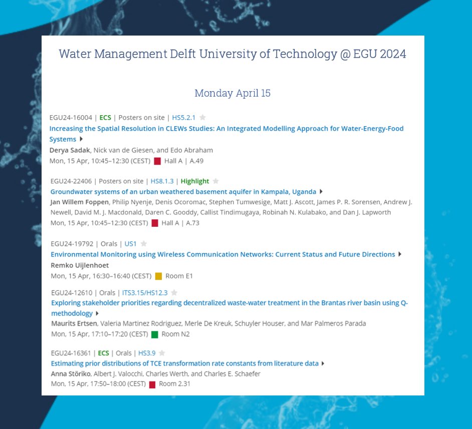 Water management is strongly represented at the @eurogeosciences General Assembly #EGU24 in #Vienna. See here which of our colleagues will present on Monday April 15:   #science #hydrology #watermanagement #conference #earth #earthscience #geoscience @TUDelft_CT @tudelft @EGU_HS