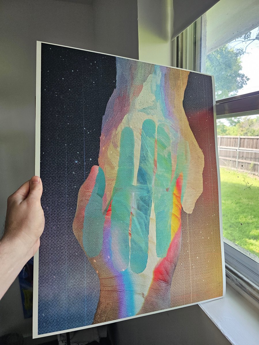 Test print for 'inspiration.' A photo of my hand with refracted light, overpainted and collaged with a scan. A true embodiment of the incredible feeling of inspiration striking where you least expect it. Available on @mallow__art. Dm for questions.