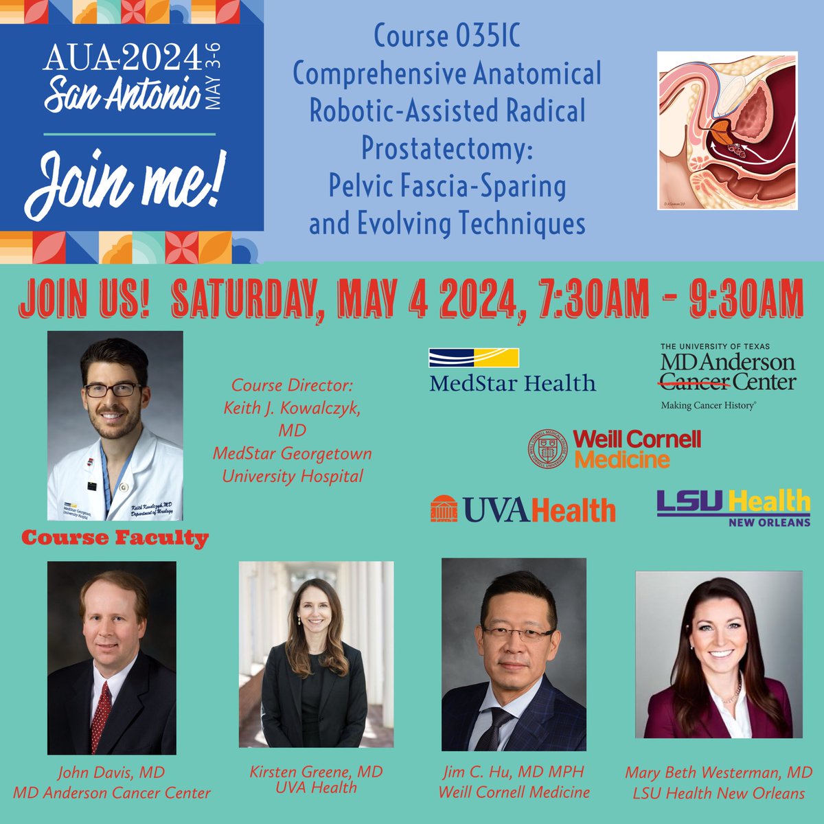 Enhance your robotic prostatectomy skills for superior patient outcomes! Join us at #AUA24 on Saturday, May 4th for an exclusive course on pelvic fascia sparing and beyond. Let’s share and evolve techniques together—because our patients deserve the best. 🤖⚕️@jdhdavis…