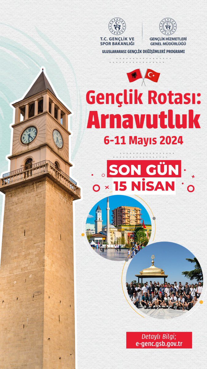 TÜRKİYE – ARNAVUTLUK GENÇLİK DEĞİŞİMİ PROGRAMI” başvurusu için son 1️⃣ gün.😎 Program Tarihi:6-11 Mayıs 2024 Program Yeri: Arnavutluk/Tiran Başvuru ve detaylı bilgi için⬇️ ghgm.gsb.gov.tr