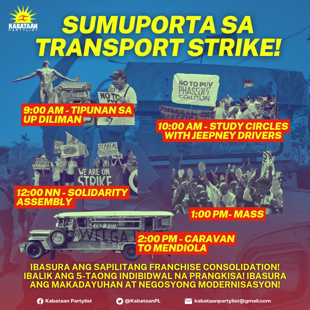 KABATAAN, SUMUPORTA SA TRANSPORT STRIKE! Sa April 30 na tutuldukan ni Marcos Jr. ang hanapbuhay ng libo-libong jeepney drivers and operators dahil sa pagpupumilit nitong ipatupad ang makadayuhan at pahirap na PUV Modernization Program. #NoToPUVPhaseout #NoToJeepneyPhaseout