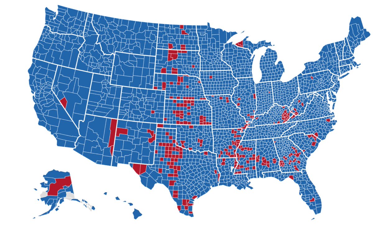 In red is every US county where the median house price is less than $100,000.