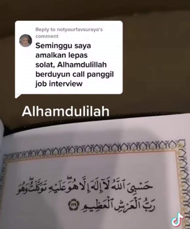 "𝘏𝘢𝘴𝘣𝘪𝘺𝘢𝘭𝘭𝘢𝘩𝘶 𝘭𝘢 𝘪𝘭𝘢𝘩𝘢 𝘪𝘭𝘭𝘢 𝘩𝘶𝘸𝘢 𝘢𝘭𝘢𝘪𝘩𝘪 𝘵𝘢𝘸𝘢𝘬𝘬𝘢𝘭𝘵𝘶 𝘸𝘢 𝘩𝘶𝘸𝘢 𝘳𝘢𝘣𝘣𝘶𝘭 𝘢𝘳𝘴𝘺𝘪𝘭 𝘢𝘻𝘩𝘪𝘮"

Cukuplah hanya Allah sbg Tuhanku, tidak ada tuhan melainkan Dia, kepada-Nya lah aku bertawakal &amp; Dia-lah Tuhan pemilik Arsy yg agung.
