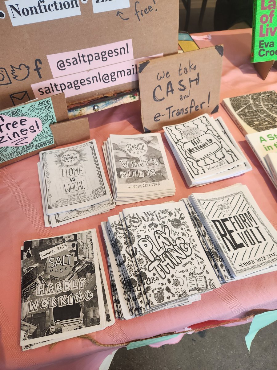 saltpagesnl's tweet photo. 💚🩷 We're here at the @sjfmnl Book Fair! 

We've got graphic novels, political non-fiction, queer horror, short stories, and poetry collections! Not to mention our FREE zines! Drop by before 3pm! https://t.co/RkYUvHK3Nn