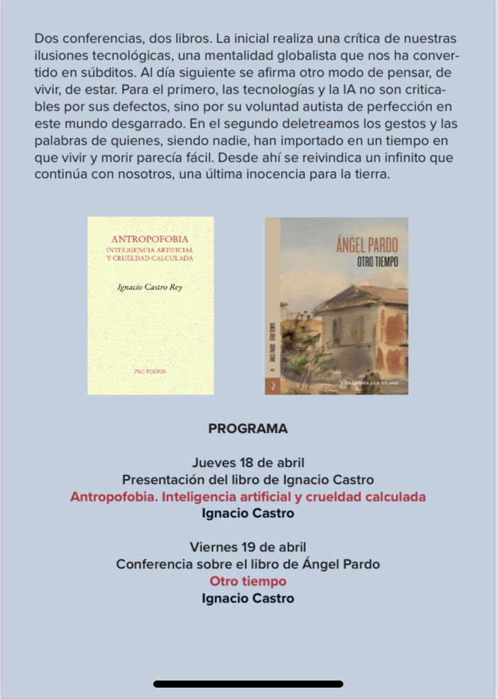 Hago difusión de esta estupenda convocatoria para el jueves 18 y viernes 19 en Murcia.
El día 18 @ignaciocastrore presenta su libro ‘Antropofobia’
