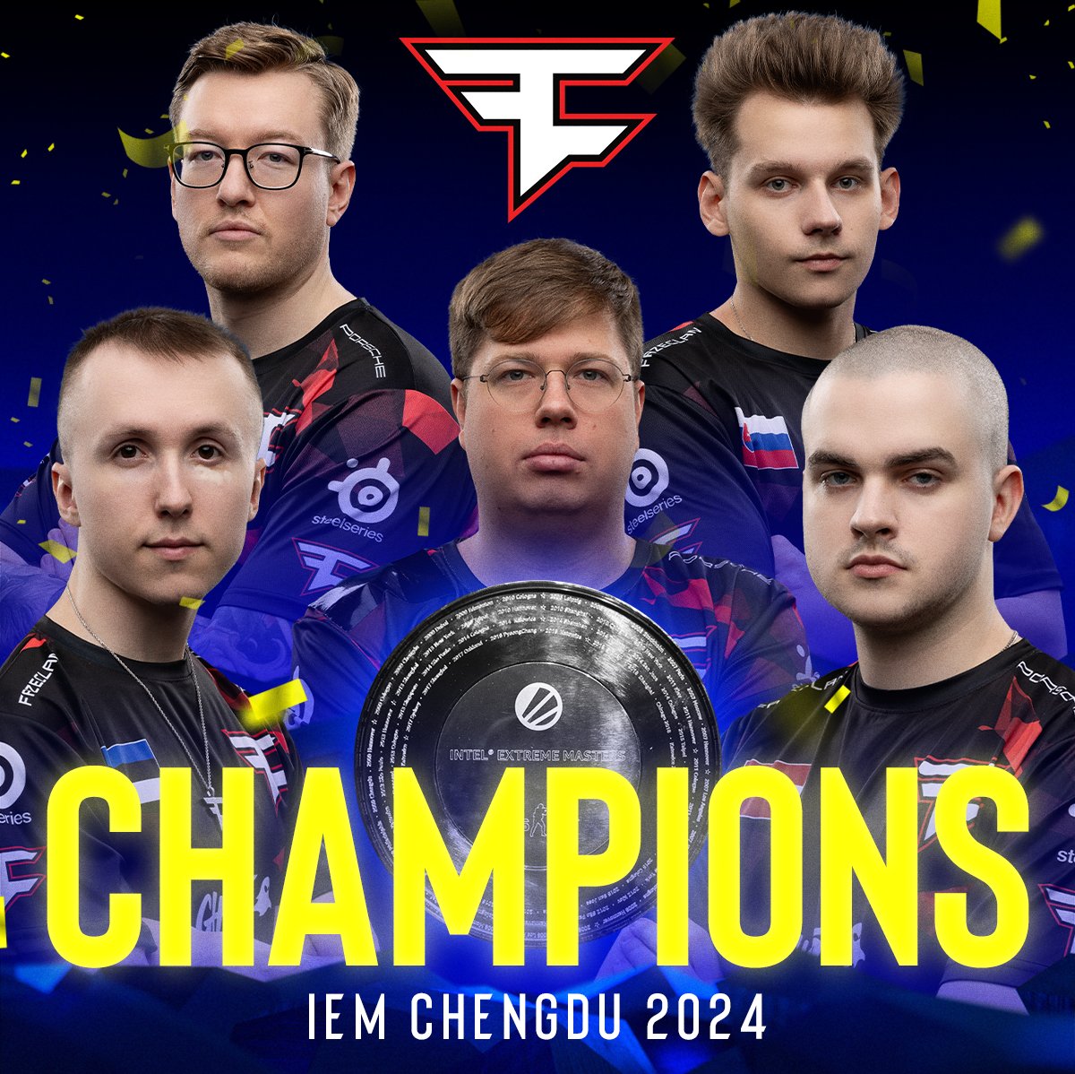 YOUR #IEM CHENGDU 2024 CHAMPIONS 🥳🥳🎊 🏆 @FaZeClan 🏆 @karriganCSGO @ropz @broky @FaZe_rainCS @FROZENNcs @neo_fkubski