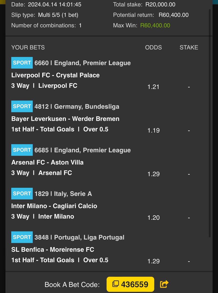 JustBeatTheOdds's tweet photo. 5 Followers to get R2000 each if this ticket wins. All you have to do to enter the Giveaway is to,

1. Like and Repost this tweet.

2. Comment with Easybet Profile(If you don’t have one check details at the bottom and create one now)

3. Deposit just R1 on your Easybet account and comment with screenshot.

The money will come from this, I just placed now with 20k💥

Click link to find all matches & place the bet now👇🏾
https://t.co/Nl2yJhFIWj

Create an Easybet account now
>Use Promo Code: LU50 to sign up & get R50 Welcome Bonus on @Easybet_SA on this link > https://t.co/tEICliATpD