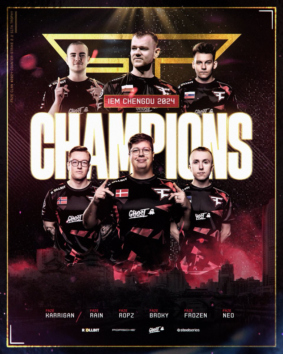 FaZeEsports's tweet photo. CHAMPIONS IN CHENGDU 🏆

#IEM | #FaZeUp https://t.co/Vx4Q0HoL02