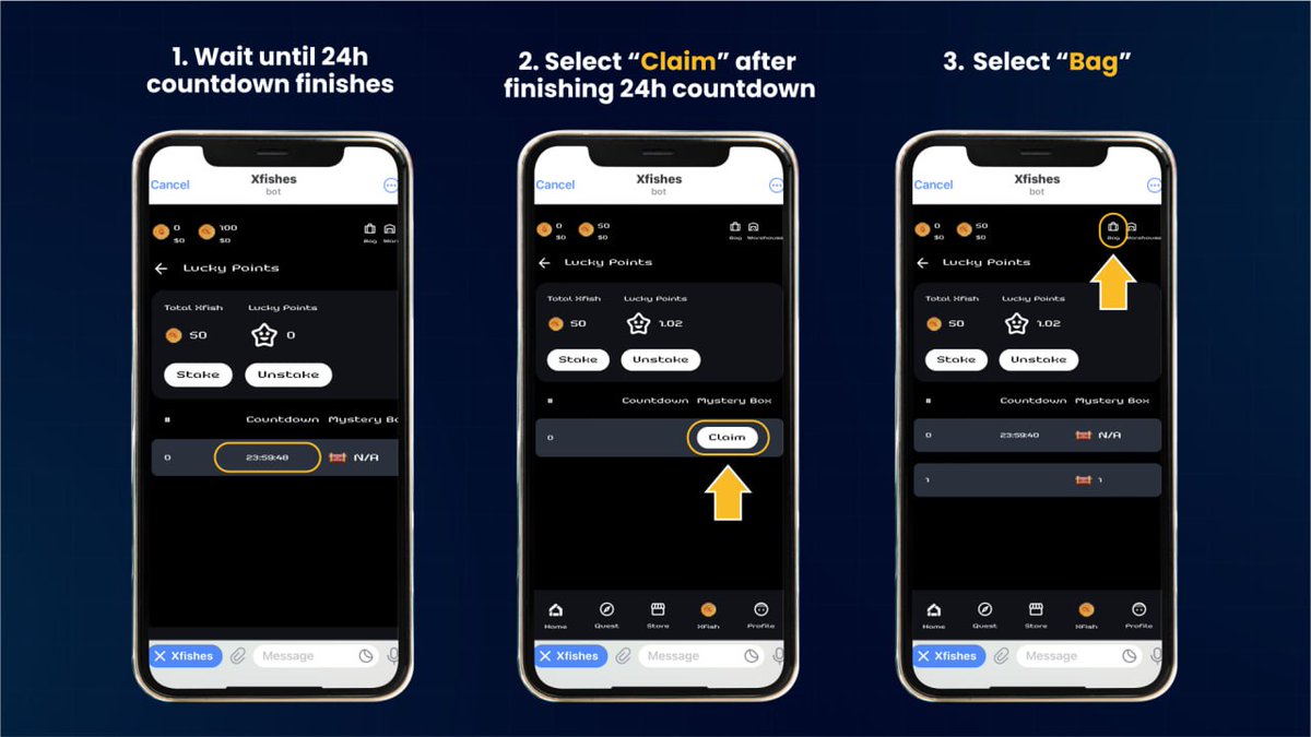 XfishGameFi's tweet photo. CLAIMING MYSTERIOUS CHESTS 
A STEP-BY-STEP GUIDE

✔️ Unlock Mysterious Chests & discover treasures inside!

🔥 Here's how to claim rewards!

Right after you successfully stake Xfish tokens, your 24h countdown will be activated.

1️⃣ Wait until 24h countdown finishes
2️⃣ Select "Claim" after finishing 24h countdown
3️⃣ Select "Bag"
4️⃣ Select Chests to open
5️⃣ Select "Use"
6️⃣ Receive rewards

🔥 Join Xfish staking & claim rewards now!

👉 Buy Xfish (Arbitrum)
https://t.co/0Dk1nuM0HY 

👉 Xfish Contract
0x86d80fbb0701dd500767b7bc3af72d002eb5de7

Telegram Quest 
https://t.co/1ctjniVYJ0
Lucky Points 
https://t.co/LGg9ghhG88

#XFish #Quest #LuckyPoints #GameFi #SocialFi #XGame