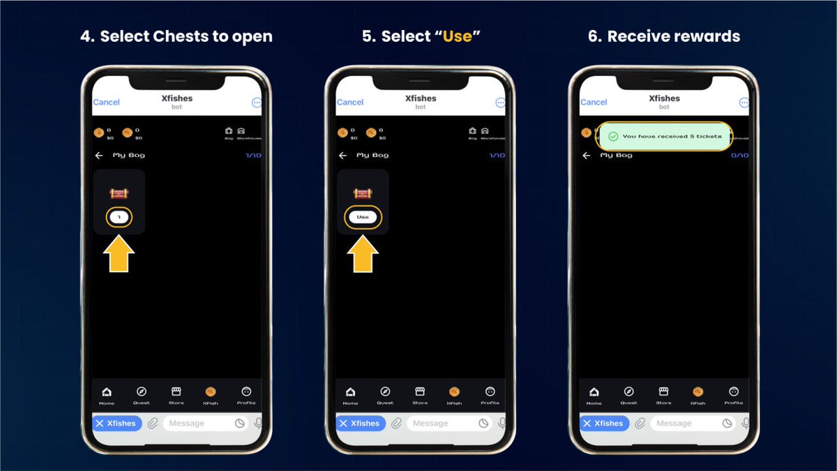 XfishGameFi's tweet photo. CLAIMING MYSTERIOUS CHESTS 
A STEP-BY-STEP GUIDE

✔️ Unlock Mysterious Chests & discover treasures inside!

🔥 Here's how to claim rewards!

Right after you successfully stake Xfish tokens, your 24h countdown will be activated.

1️⃣ Wait until 24h countdown finishes
2️⃣ Select "Claim" after finishing 24h countdown
3️⃣ Select "Bag"
4️⃣ Select Chests to open
5️⃣ Select "Use"
6️⃣ Receive rewards

🔥 Join Xfish staking & claim rewards now!

👉 Buy Xfish (Arbitrum)
https://t.co/0Dk1nuM0HY 

👉 Xfish Contract
0x86d80fbb0701dd500767b7bc3af72d002eb5de7

Telegram Quest 
https://t.co/1ctjniVYJ0
Lucky Points 
https://t.co/LGg9ghhG88

#XFish #Quest #LuckyPoints #GameFi #SocialFi #XGame