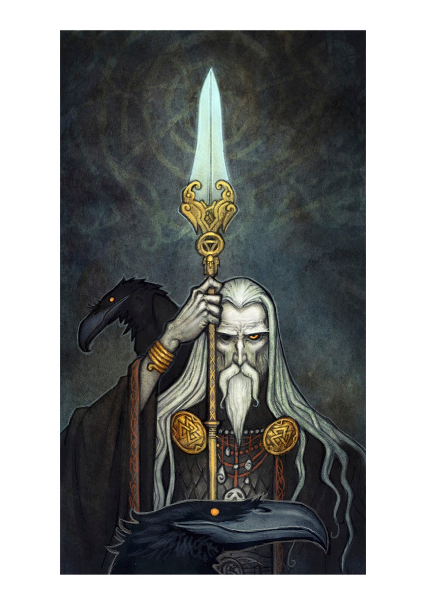 Odin as imagined by Johan Egerkrans.

Depicted are four revered artifacts associated with Odin: his unerring spear, Gungnir; his insightful ravens, Huginn and Muninn; his multiplying bracelet, Draupnir; and the Valknut, symbolizing the fallen in battle, embossed on a brooch.

Are