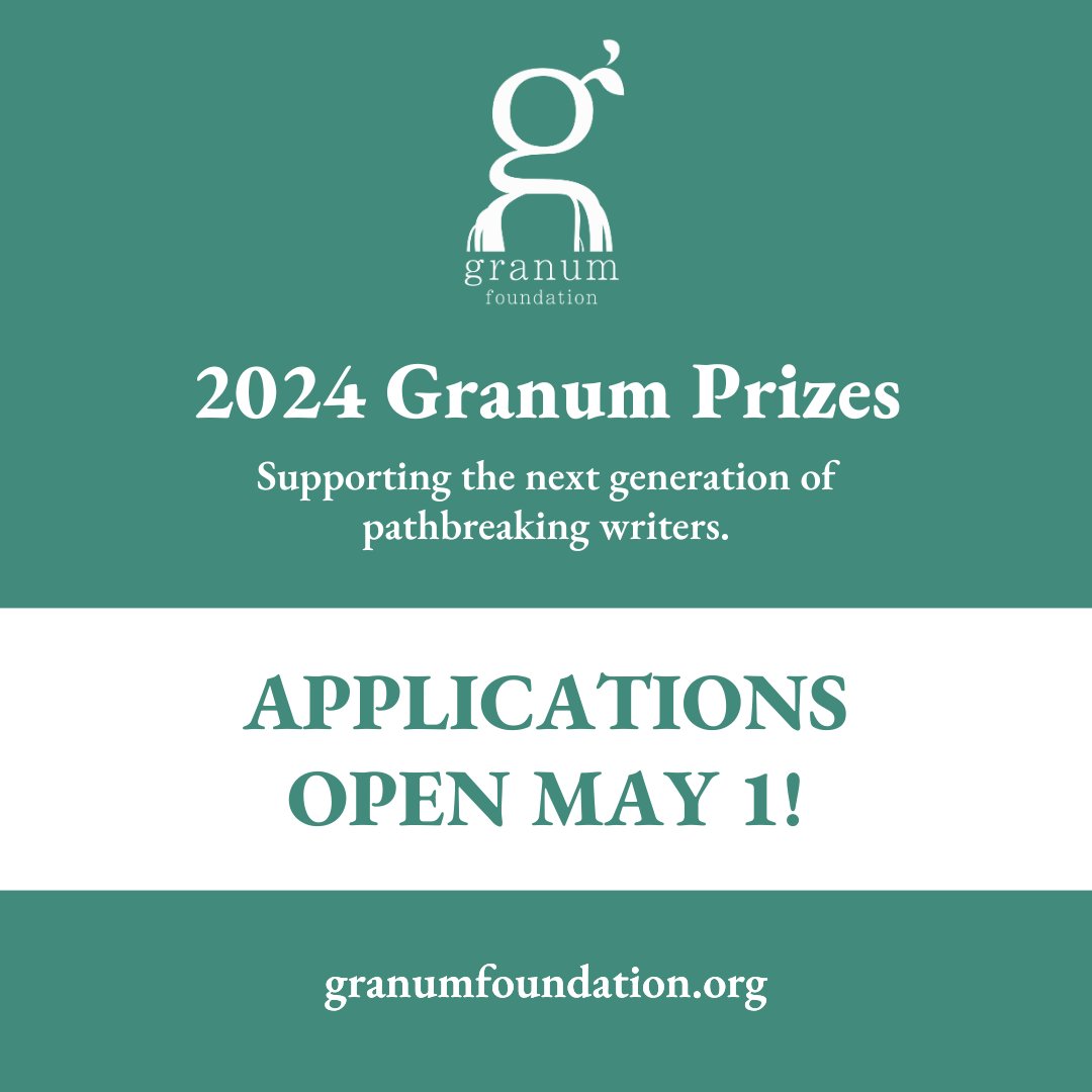 Applications for the 2024 Granum Prizes open May 1! A $5K Prize will be awarded to a writer to support the completion of a poetry, fiction, or nonfiction manuscript. A $1,500+ Translation Prize will be awarded to support a work of translation. Read more: granumfoundation.org/granum-prize.