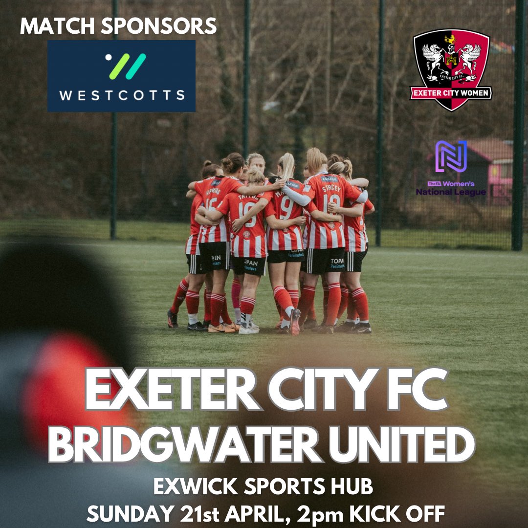 ⚽️ NEXT SUNDAY 

👊 It’s a HUGE <a href="/FAWNL/">FA Women's National League</a> clash at the Exwick Sports Hub, with only three games to go, we need YOUR support

➡️ Match Sponsored by <a href="/westcottsUK/">Westcotts</a> 

🎟 £5 Adults, £3 Under16s
Pay On The Day

#ECFC