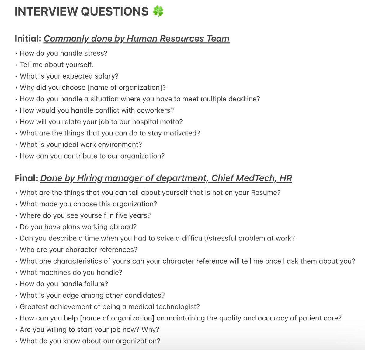 mulanrmt's tweet photo. COMMON INTERVIEW QUESTIONS 💡
Again, based on my experience lang po ito and some are related stuff na pwede po nilang itanong sainyo. 

Lalo na sa initial phase from HR, marami po silang tanong about self dito kaya I guess walang maling sagot 😊 https://t.co/JpOdn6IctK