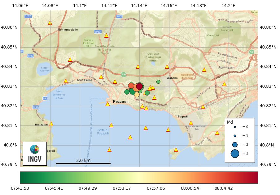 CAMPI FLEGREI - AGGIORNAMENTO SCIAME 14/4/2024 13:54 Dalle ore 9:35 (ora locale) del 14/4/2024 è in corso uno sciame sismico ai #CampiFlegrei. Alle ore 13:04 rilevati in via preliminare 75 terremoti con magnitudo Md ≥ 0.0 e magnitudo max Md = 3.7 ± 0.3. terremoti.ov.ingv.it/gossip/flegrei…