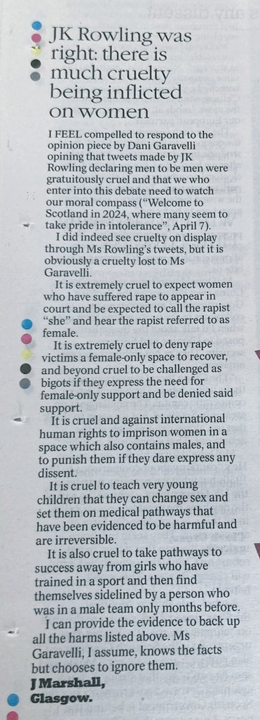 Was JK Rowling cruel, or was the behaviour of the males she identified in her April Fool's Day Tweet Massacre cruel? Joan's excellent letter in today's @heraldscotland lays out the facts for the Herald journalist that told JKR off for not being kind. Thank you, Jean.