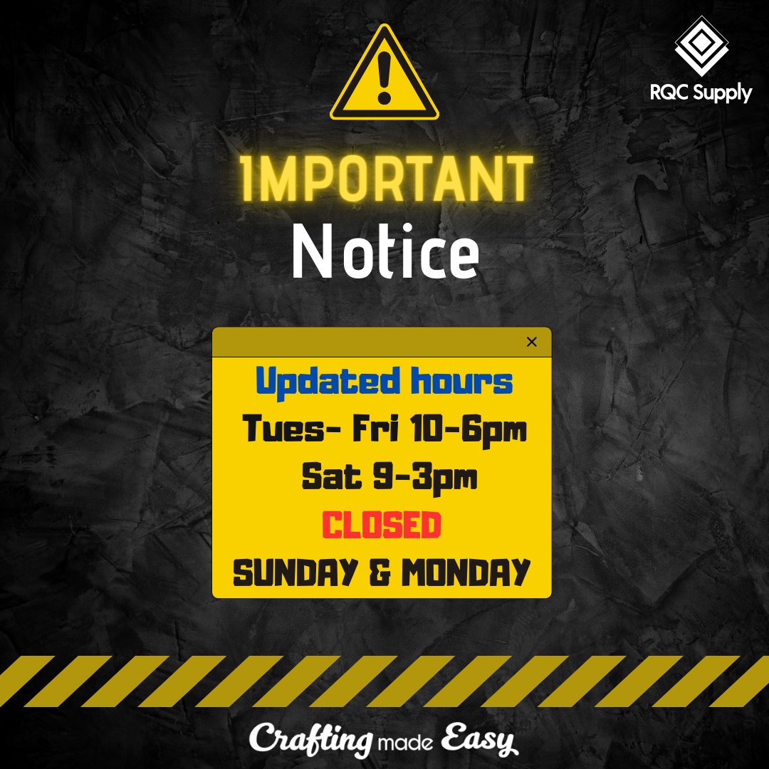 Update: New Business Hours ⏰ Starting immediately, our business will be closed on Mondays. Tuesday to Friday, we will now be available for you from 10:00 AM to 6:00 PM⏱️ Saturday hours remain unchanged, 9:00 AM to 3:00 PM. 🔄 #BusinessHours #UpcomingChanges #RQCSupply #shoplocal