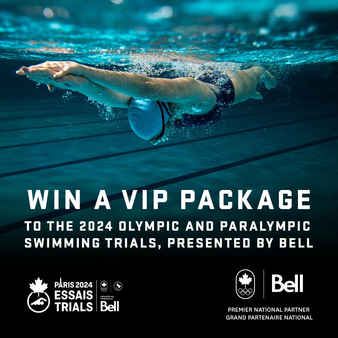 Win a VIP Package to the 2024 Olympic and Paralympic Swimming Trials, presented by @Bell, in Toronto, Ontario! Enter for the chance to win at the Bell 🇨🇦 Olympic Club 👉 bit.ly/3VQgdvi @SwimmingCanada