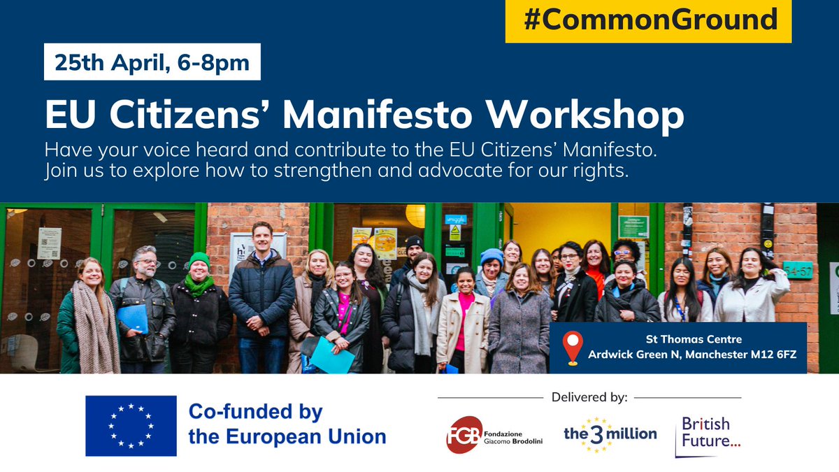 Calling all EU citizens in Manchester! Join us for a workshop on the EU citizens' manifesto. Make new connections, network and learn about campaigning, policy & advocacy. Register now: ourcommonground.uk/events-1/eu-ci…