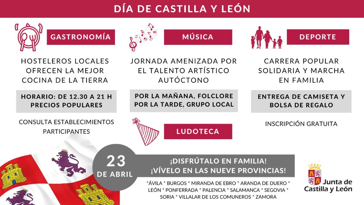 jcyl's tweet photo. ¡Celebra el #DíadeCastillayLeón sin moverte de tu provincia! Con deporte, música y la mejor gastronomía local en 12 localidades

💃🕺Baila al ritmo del talento artístico de la tierra
➡️Mañana: folclore
➡️Tarde: grupo local

Consulta programación
ℹ️https://t.co/FMtDzADrwj https://t.co/ORPURxvJ0p