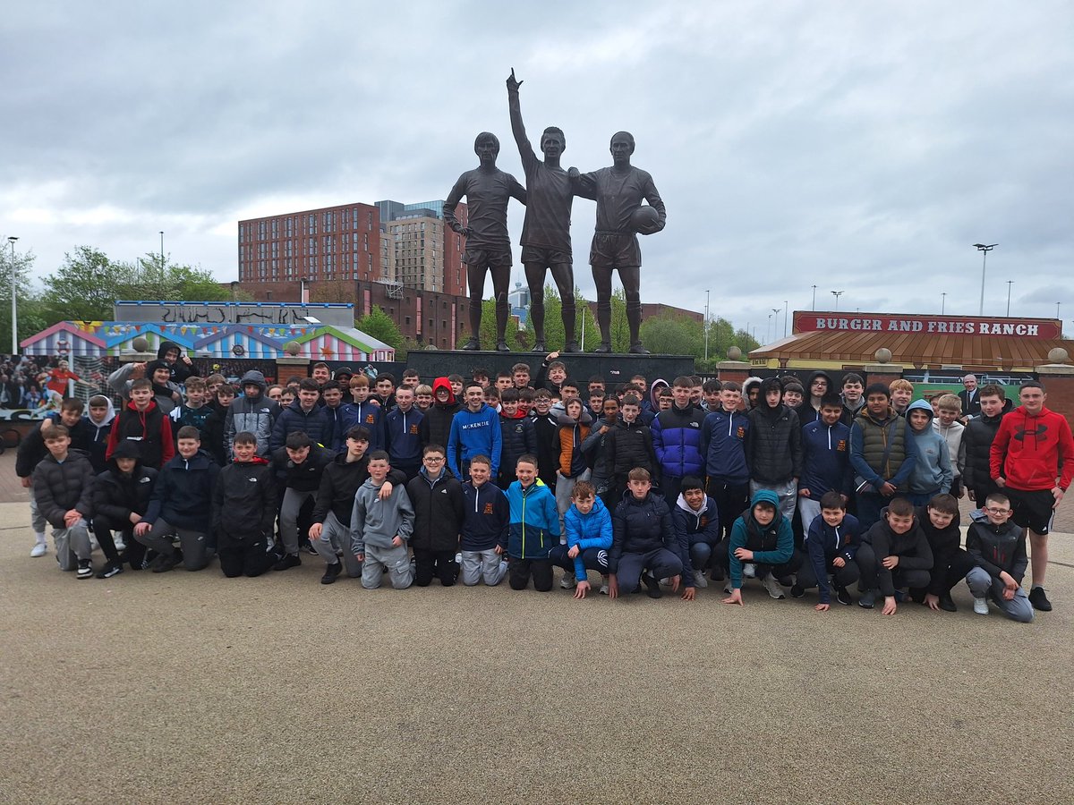 Our 1st Year's on Matt Busby Way this morning in front of the Holy Trinity of Best, Law and Charlton.