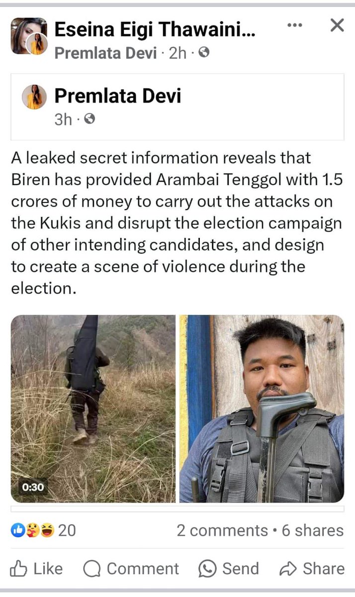 pbkhuptong's tweet photo. High level investigation must be carried out with this allegations @ECISVEEP @CeoManipur @rashtrapatibhvn @INCIndia 

Know that Meitei Terrorists Arambai Tenggol is with Biren Singh. Connect the dots with current scenarios in Imphal. 

#ManipurViolence https://t.co/R0vVcmAllh