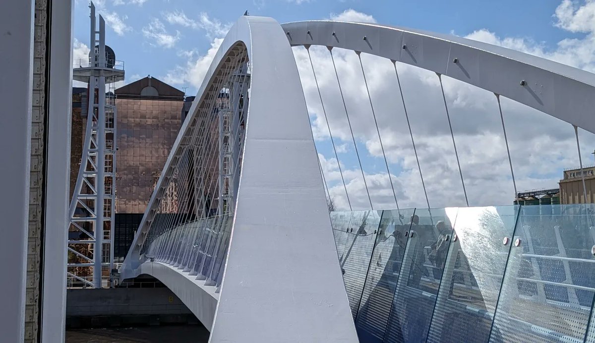 The Lowry Centre, Salford. James Stirling and Michael Wilford, 2000. Salford Quays Millennium Footbridge. Parkman Ltd of Manchester with Carlos Fernandez Casado, 2000.