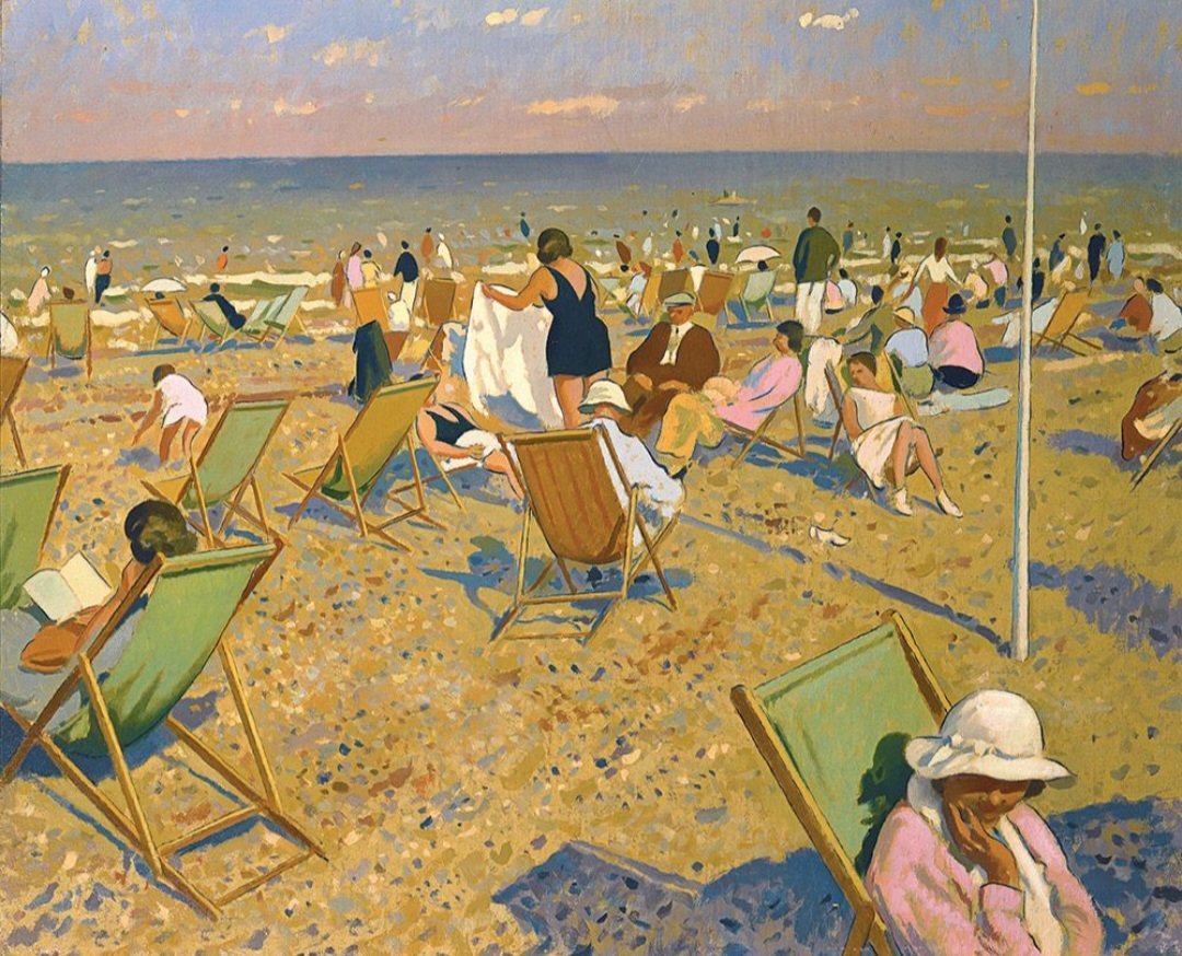 'Beach, Late Afternoon.' (c1955) Robert Greenham’s Suffolk coast seaside paintings recall similar scenes by Vuillard and Monet on the Normandy beaches. The truncated figures at the edges of the painting emphasize the spontaneity of the scene.
