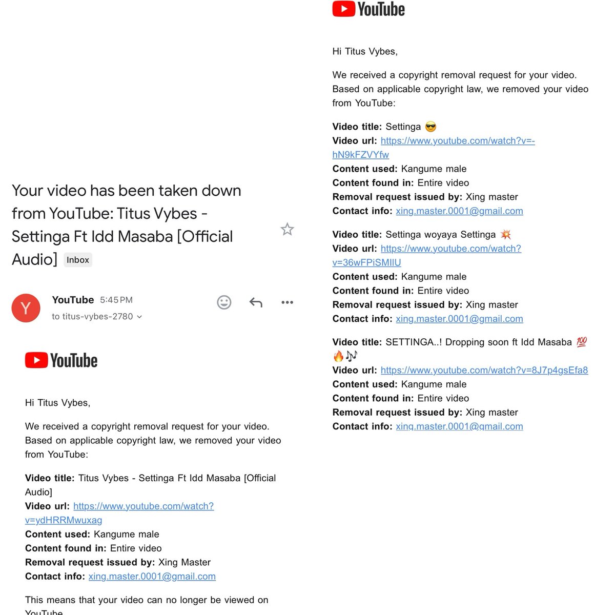 Titusvybes's tweet photo. On a phone call with a one @Xingmaster0 he confirmed that he's been actively fighting against me and my content.

He's been responsible for sending multiple YouTube strikes in an attempt to take down my content and have my channel deleted.

Here's the evidence of the strikes https://t.co/qrB1qywxPu