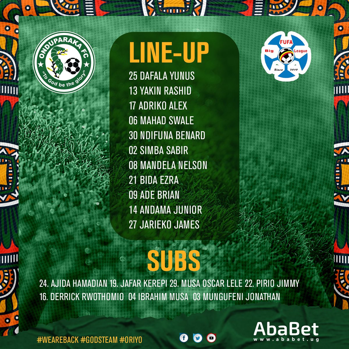 #ONDUJNU | STARTING XI

NDIFUNA Bernard returns in the only change from the last outing..

#AmaOnduparaka