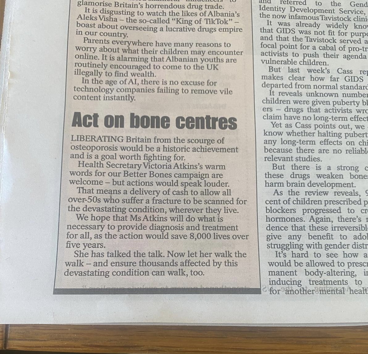 Sunday Express Better Bones campaign week 41: @VictoriaAtkins says Women’s Health Hubs are solution to osteoporosis crisis that has left 90,000 without life-changing drugs. But *none* of the Hubs have *any* referral links to Fracture Liaison Services…@lregan7 @mariacaulfield 🫤