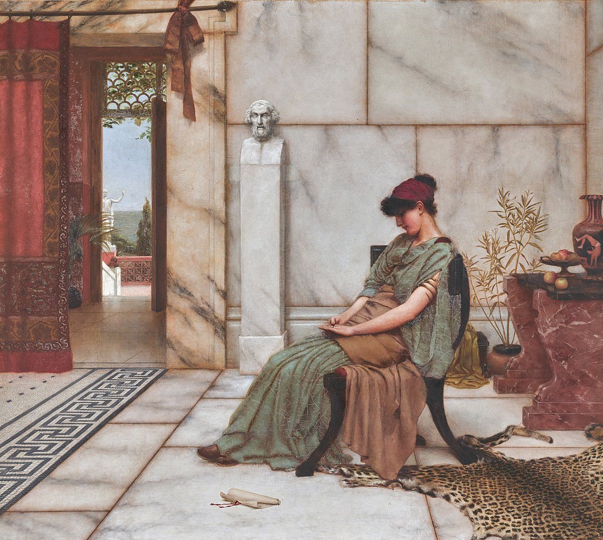 Una bella y admirable obra del talentoso pintor John William Godward en la que se puede apreciar a una joven de la antigua Grecia contemplando su anillo de compromiso.