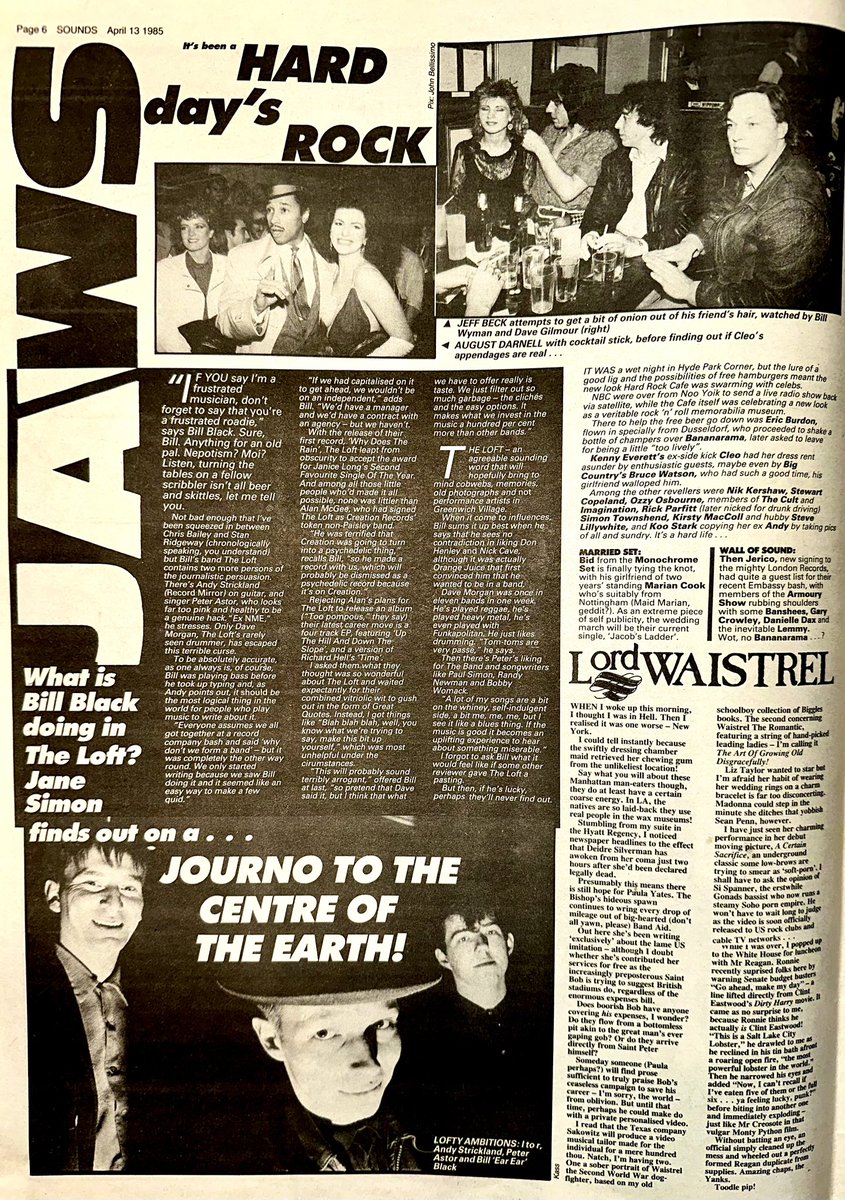 In Jaws this week, Sounds writer Bill Black is caught out in #TheLoft & the stars & liggers are out in force to welcome @THENJERICO to London Records & the opening of the new look Hard Rock Cafe

@jeffbeckmusic @kidcreoleband @davidgilmour @HardRockLondon 

Sounds Apr 13th 1985