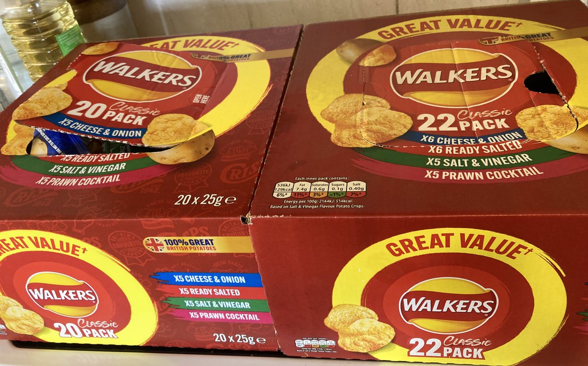 #shrinkflation Walkers crisps edition. New packaging on left. Same size outer box, fewer crisps, more cash. #ToryBritain