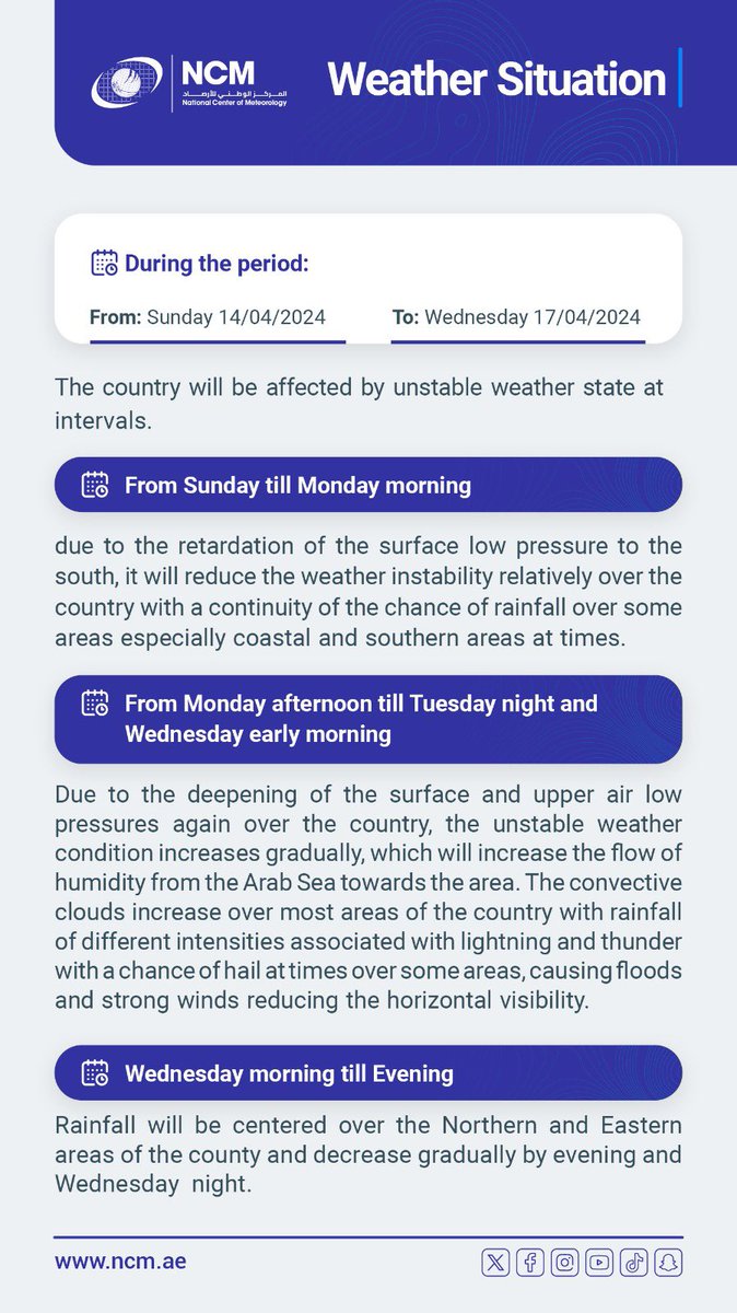 ncmuae's tweet photo. آخر مستجدات الحالة الجوية من الأحد  14 إلى الأربعاء 17 أبريل 2024
Latest updates for the weather condition from Sunday 14 until Wednesday 17 April 2024 https://t.co/a1Zh6wF6vQ