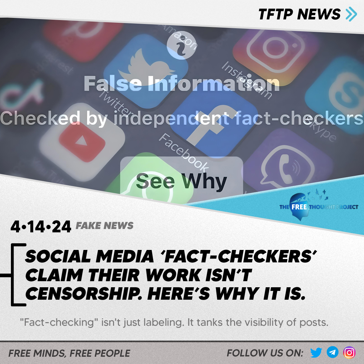 According to Facebook,posts that get fact-checked experience a 95% drop in clicks. In other words, even if this content is not outright removed, it is made virtually invisible. That’s censorship by any other name. Read More: thefreethoughtproject.com/fake-news/soci… #TheFreeThoughtProject