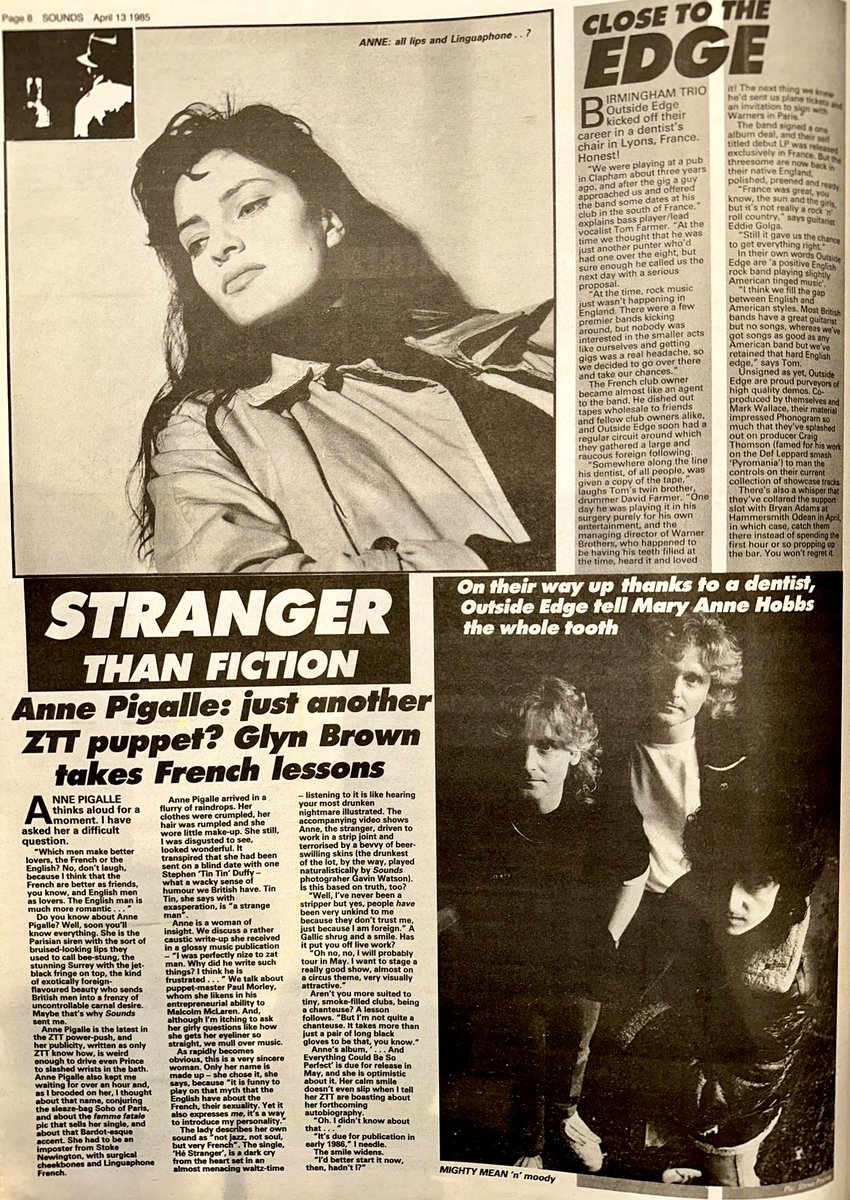 ZoundsAbound's tweet photo. Side by side features by @maryannehobbs on UK band #OutsideEdge who, after a dummy run in France, are starting to get some attention, and Glyn Brown talks to new ZTT signing, Anne Pigalle ahead of her debut LP arriving next month.

@anne_pigalle 

Sounds April 13th 1985 https://t.co/zGot1F3nUr