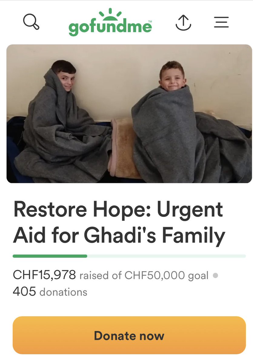 trying to get to 20k CHF this week 20k CHF = 21.8k USD. they need 4300 CHF or 4700 USD (fundr4iser is for a palestinian family and two young boys 🇵🇸) ➡️ gofundme.com/f/restore-hope…
