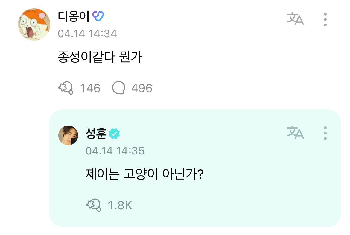 [ #성훈’s Reply ] 240414 OP: It looks like Jongseong somehow #SUNGHOON: Isn’t Jay a cat? @ENHYPEN_members @ENHYPEN #ENHYPEN #엔하이픈