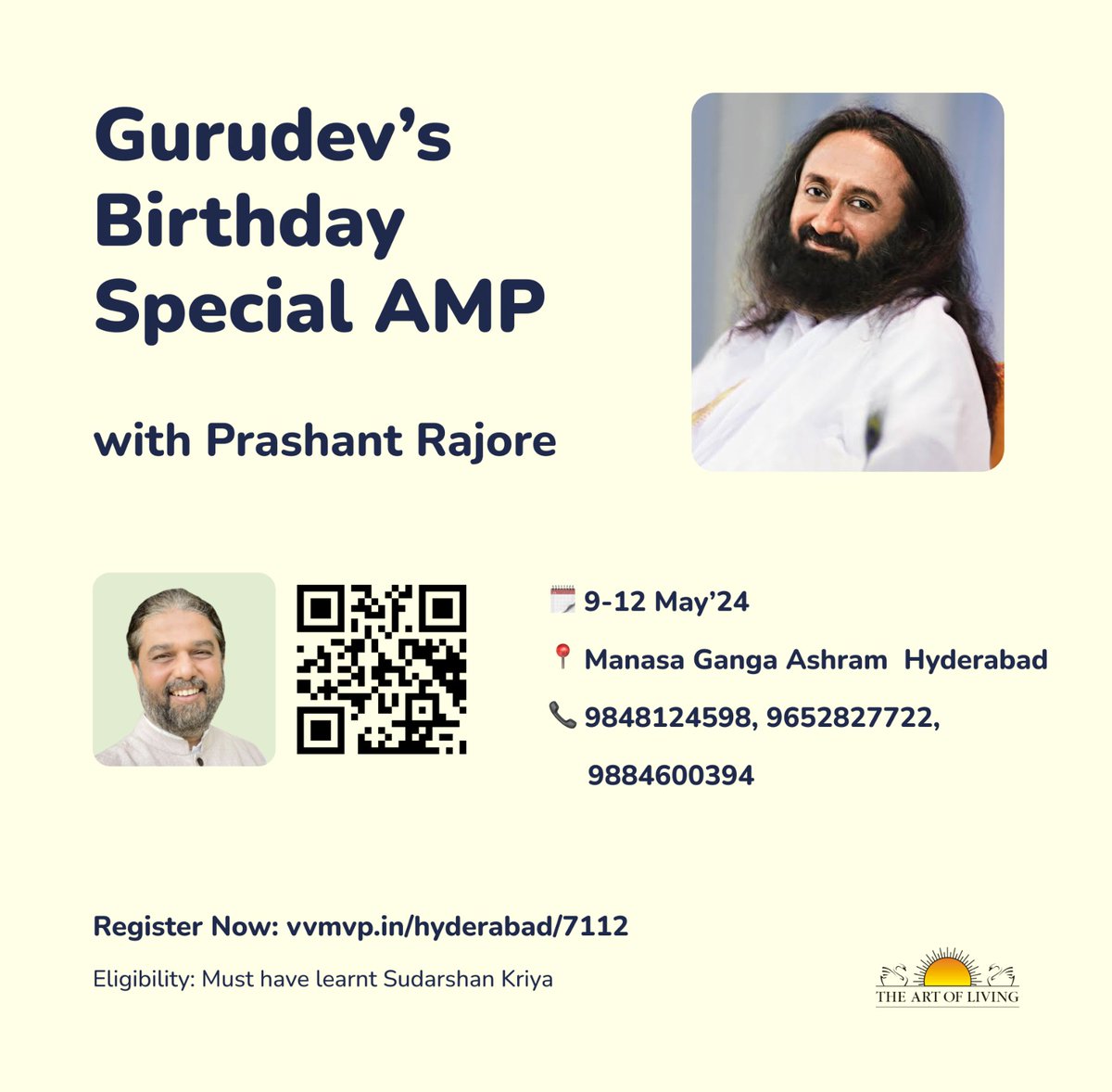 PRajoreofficial's tweet photo. Gurudev Birthday  Special AMP with Prashant Rajore at Manasa Ganga Ashram  Hyderabad
Date : 9-12 May
Link : https://t.co/Yz9EouLSIW
Eligibility - Must have learnt Sudarshan Kriya
Contact - 9848124598 /9652827722 / 9884600394
.
.
#AOL #amp #ampwithprashantrajore #meditation https://t.co/ERT8NflYlJ