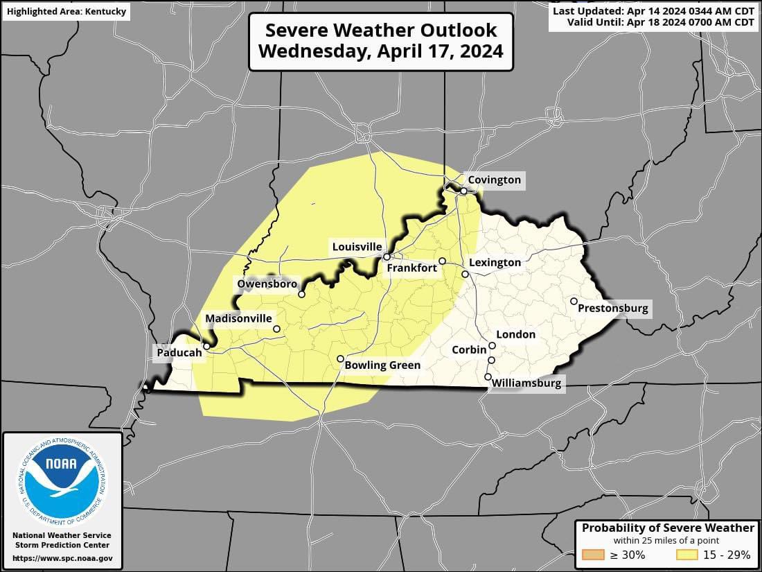 SPC has highlighted much of central KY in a threat for severe storms Wednesday. #kywx