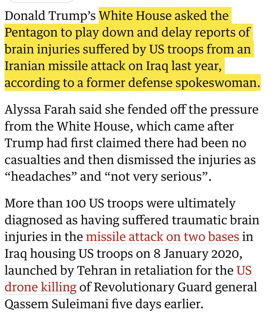 'Iran wouldn't dare attack if Trump was POTUS' Friend, don't be gaslit. Iran attacked 2 US BASES while Trump was in office. Over 100 US soldiers got brain injuries, but Trump WH tried to bury the story. By @julianborger theguardian.com/us-news/2021/s…