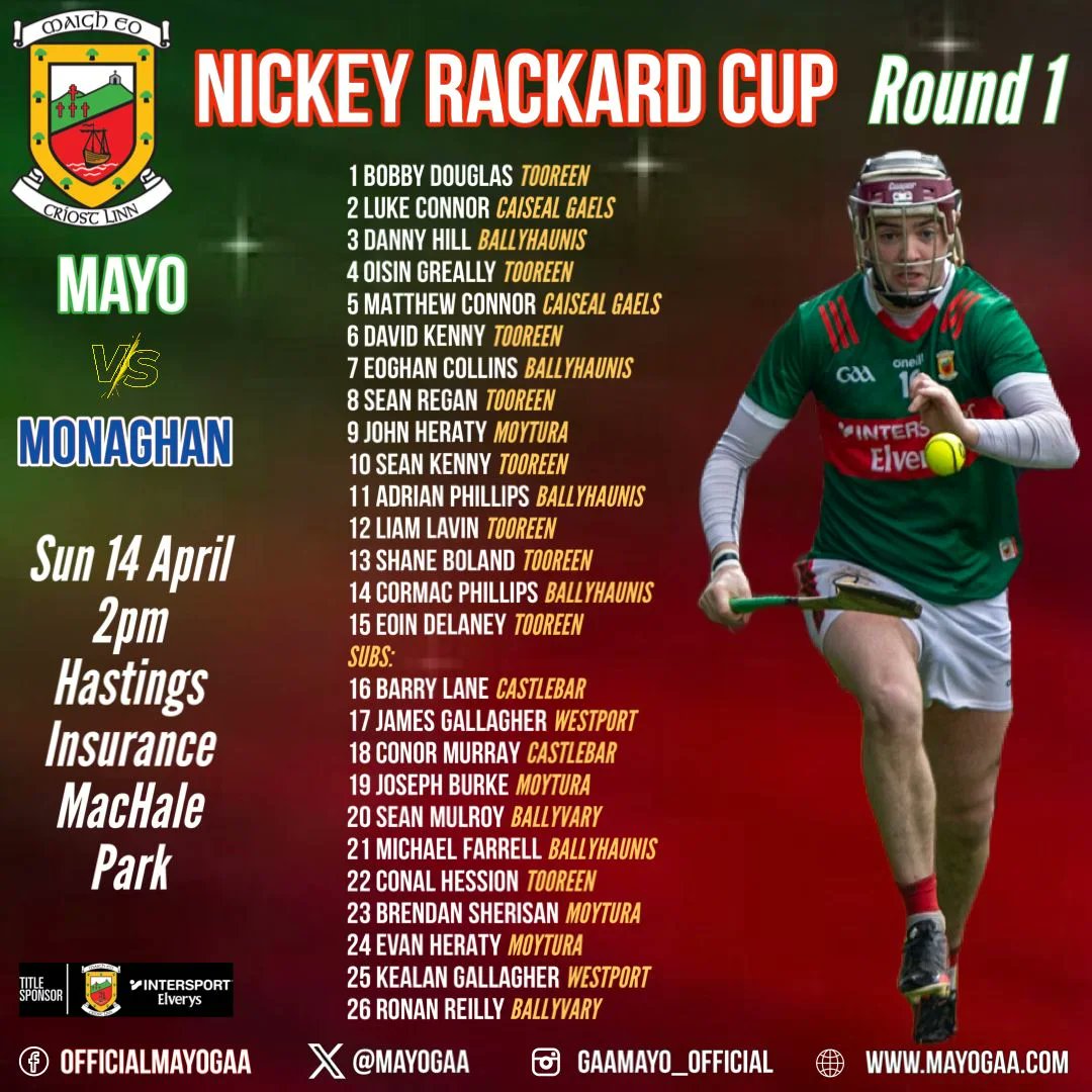 One change to the Mayo senior hurling team number 19 Joseph Burke comes in for 10 Sean Kenny.