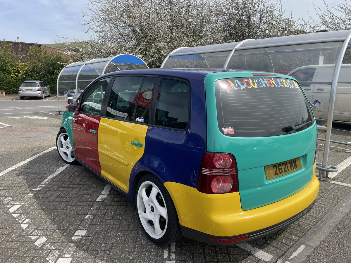 Just spotted in my local Tesco. How to make a Touran desirable. They’re very own Harley Quinn! Love it! ❤️💙💛💚 #vwharlequin