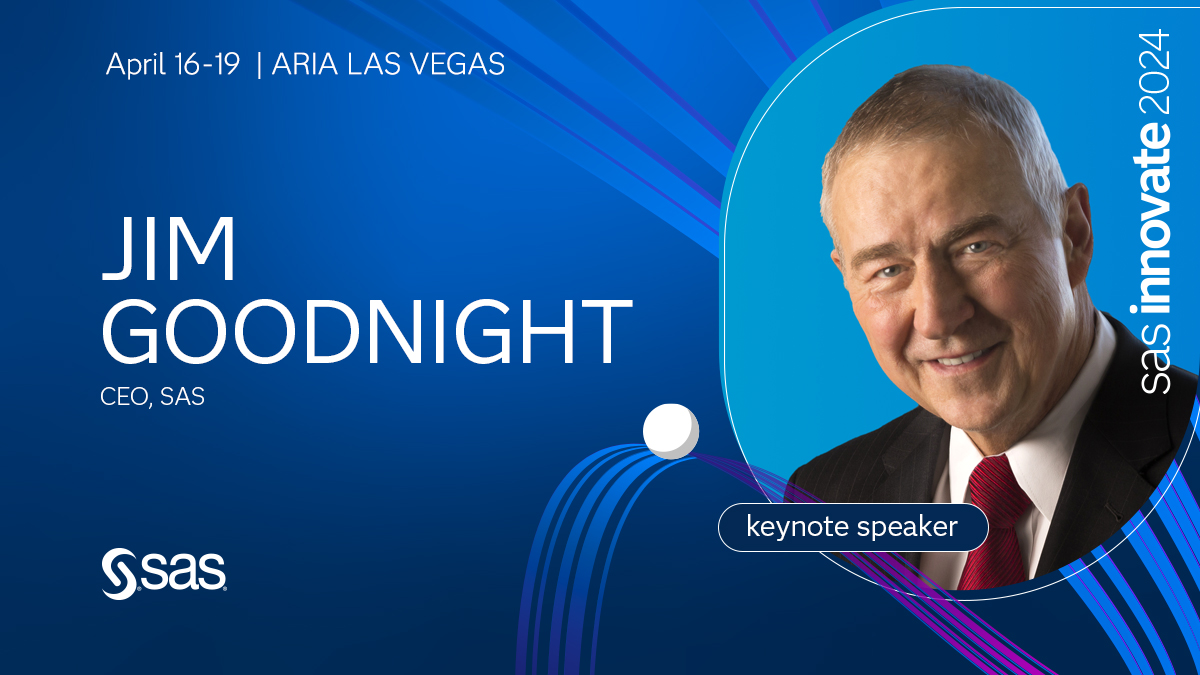 In just a few days, SAS CEO Jim Goodnight is taking the main stage at #SASInnovate.✨ If you're not making your way to Vegas, you can sign up to watch Opening Session, plus lots more tech talks, via Livestream.🎥 2.sas.com/6018wYEEK
