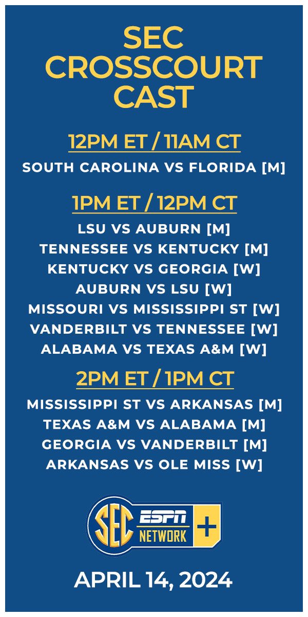 SEC Regular Season Finale!

Join @College10sRanks for our @CrossCourt_Cast coverage on SECN+ starting at noon ET. 

📺: espn.com/watch/player/_…

#SECTennis | #ItJustMeansMore