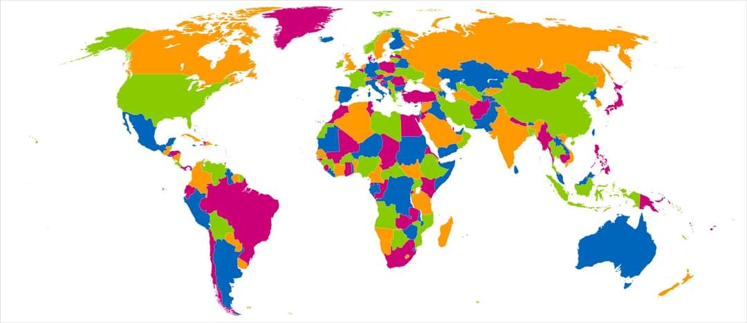 Four colours can be used to colour all the countries of the world so that no two adjacent countries share the same colour