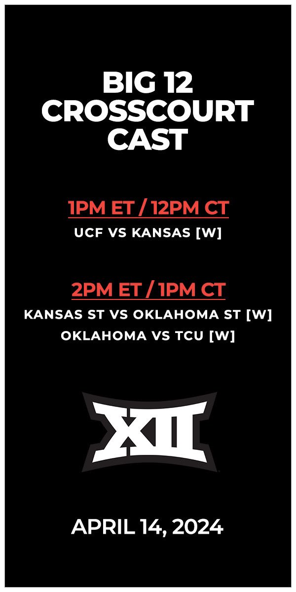 Final Day of the Big 12 Regular Season!

Join @WHSVPeri and @CR_Producer for our @CrossCourt_Cast coverage on Big 12 Now via the ESPN app starting at 1pm ET. 

📺: espn.com/espnplus/playe…

#Big12Tennis | @Big12Conference